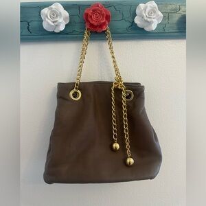 Lamb Skin Brown Leather Bucket Bag with Gold Chain